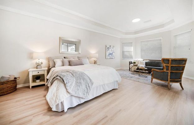 Bedroom, Interior, Recessed Lighting, Wood Texture Flooring