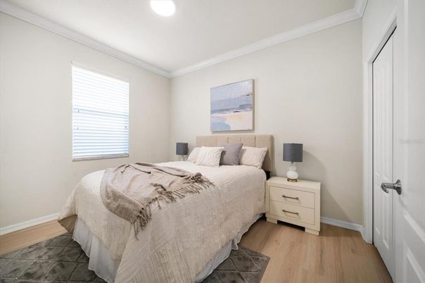 Bedroom, Interior, Recessed Lighting, Wood Texture Flooring
