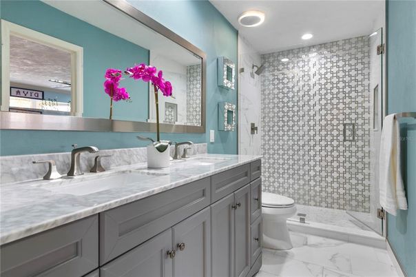 Bathroom, Glass Shower, Interior, Marble, Recessed Lighting