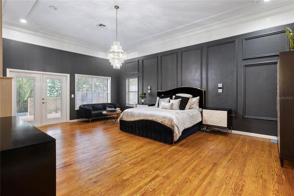 Bedroom, Chandelier, Interior, Recessed Lighting, Wood Texture Flooring
