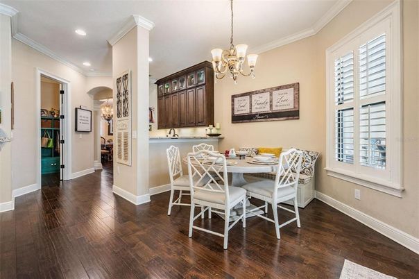 Chandelier, Dining room, Interior, Recessed Lighting, Wood Texture Flooring