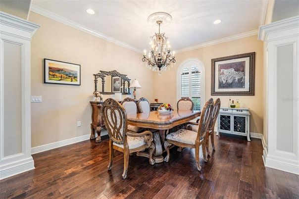 Chandelier, Dining room, Interior, Recessed Lighting, Wood Texture Flooring