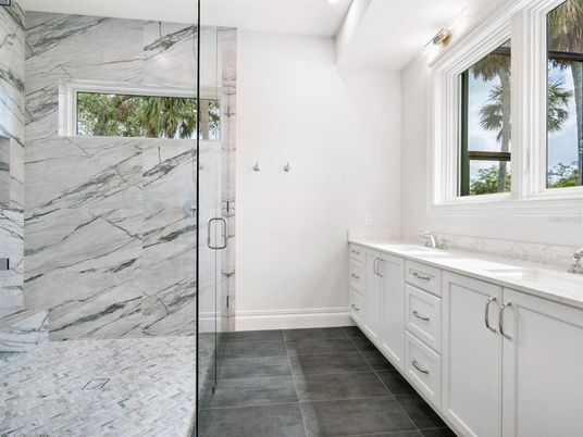 Bathroom, Glass Shower, Interior, Marble Walls, Recessed Lighting