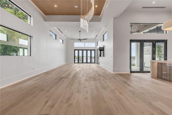 Chandelier, Empty room, Interior, Pendant Lights, Recessed Lighting, Wooden Ceilings, Wood Texture Flooring