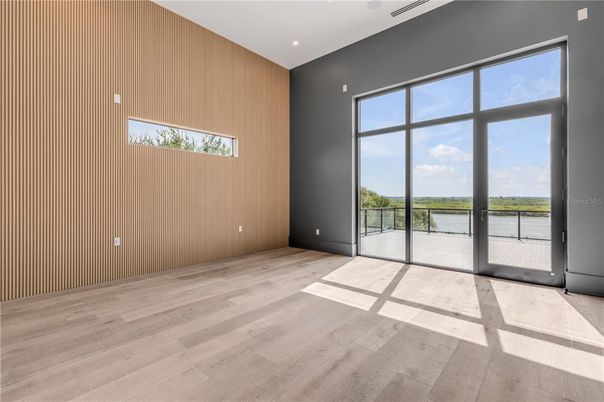Empty room, Interior, Recessed Lighting, Water, Wood Texture Flooring, Wooden Walls
