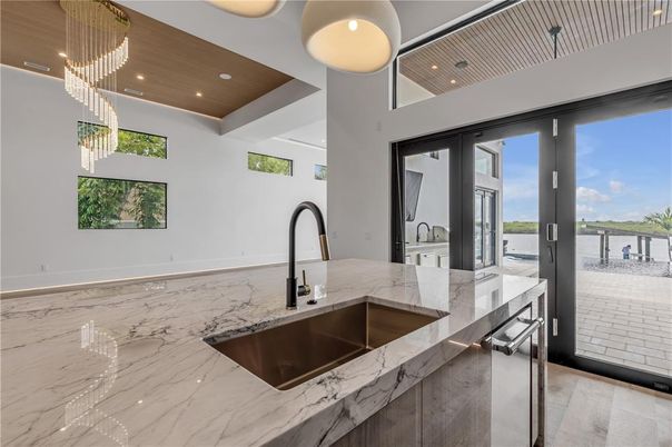 Interior, Kitchen, Pendant Lights, Recessed Lighting, Water, Wooden Ceilings