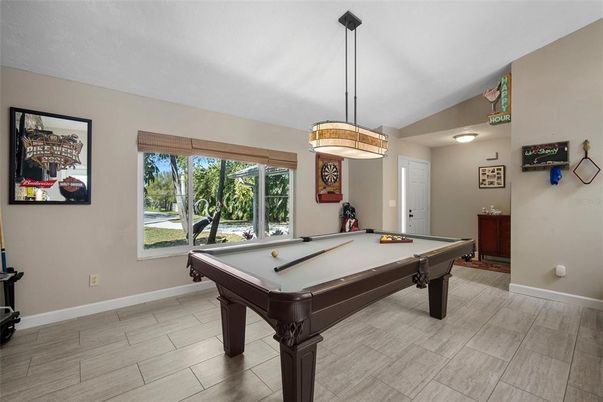 Billiard Table, Game Room, Interior, Pendant Lights, Wood Texture Flooring
