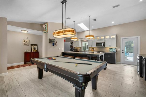 Billiard Table, Game Room, Interior, Kitchen, Pendant Lights, Recessed Lighting, Wood Texture Flooring
