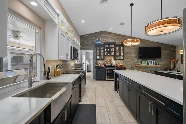 Interior, Kitchen, Pendant Lights, Recessed Lighting, Stone Walls, Wood Texture Flooring