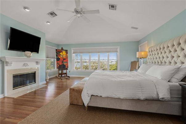 Bedroom, Fireplace, Interior, Recessed Lighting, Wood Texture Flooring