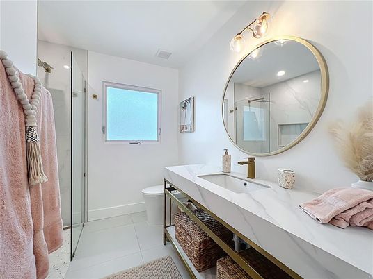 Bathroom, Glass Shower, Interior, Recessed Lighting