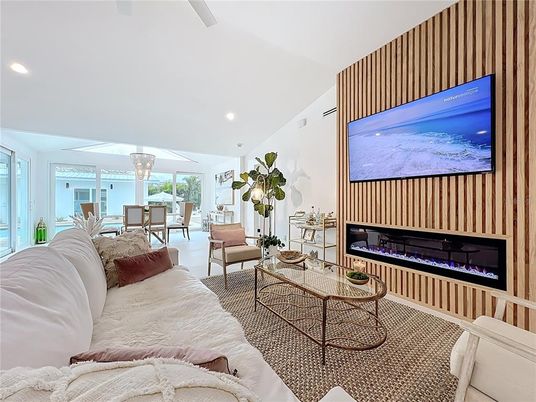 Chandelier, Dining room, Fireplace, Interior, Living room, Recessed Lighting