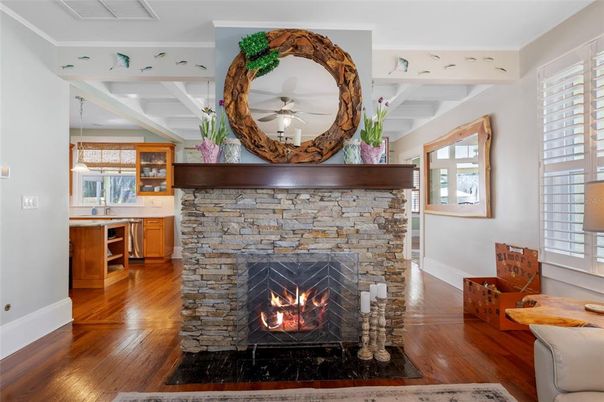 Fireplace, Interior, Pendant Lights, Wood Texture Flooring