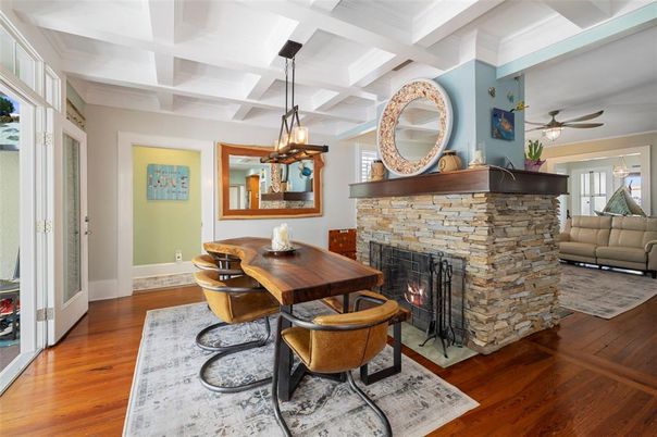 Dining room, Fireplace, Interior, Pendant Lights, Wood Texture Flooring