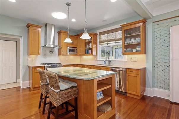 Interior, Kitchen, Pendant Lights, Recessed Lighting, Stainless Steel Appliances, Wood Texture Flooring