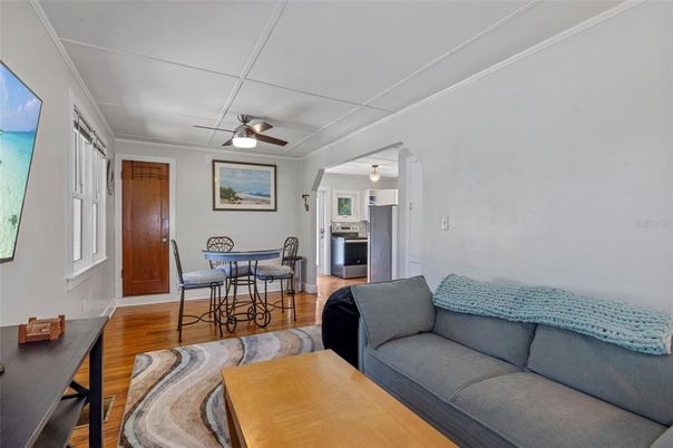 Dining room, Interior, Kitchen, Living room, Pendant Lights, Stainless Steel Appliances, Wood Texture Flooring