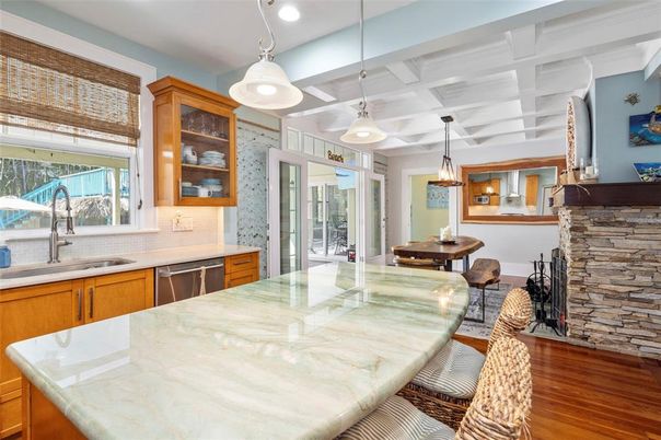 Dining room, Fireplace, Interior, Kitchen, Pendant Lights, Recessed Lighting, Wood Texture Flooring