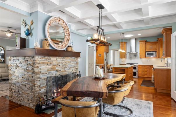 Dining room, Fireplace, Interior, Kitchen, Pendant Lights, Recessed Lighting, Wood Texture Flooring