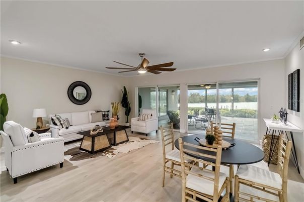 Dining room, Interior, Living room, Recessed Lighting, Wood Texture Flooring