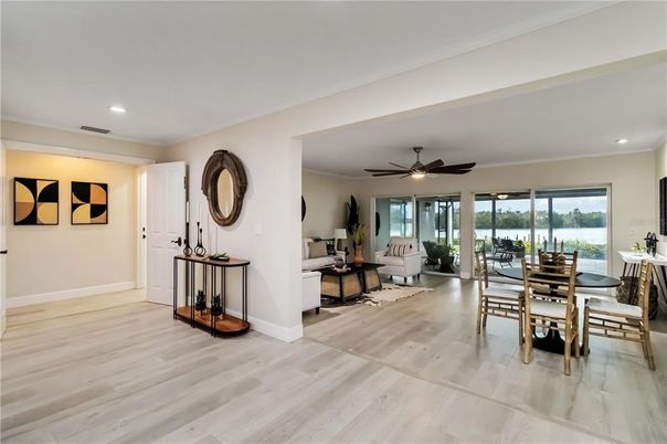 Dining room, Interior, Recessed Lighting, Wood Texture Flooring