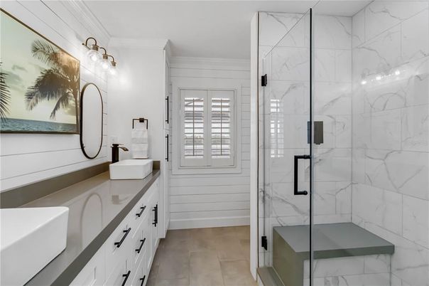 Bathroom, Dual Sink Vanities, Glass Shower, Interior, Marble Walls