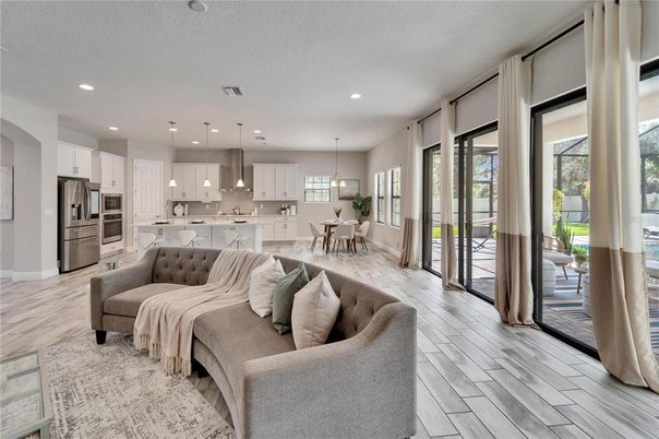 Dining room, Interior, Kitchen, Living room, Pendant Lights, Recessed Lighting, Stainless Steel Appliances, Wood Texture Flooring