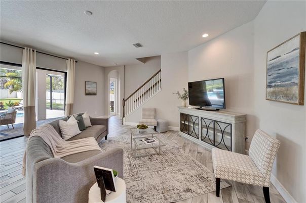 Interior, Living room, Recessed Lighting, Wood Texture Flooring