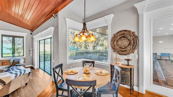 Dining room, Interior, Pendant Lights, Recessed Lighting, Wooden Ceilings, Wood Texture Flooring