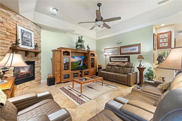 Fireplace, Interior, Living room, Recessed Lighting, Stone Walls