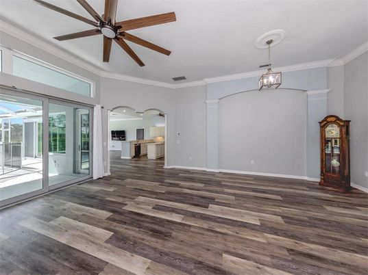 Empty room, Interior, Kitchen, Pendant Lights, Wood Texture Flooring