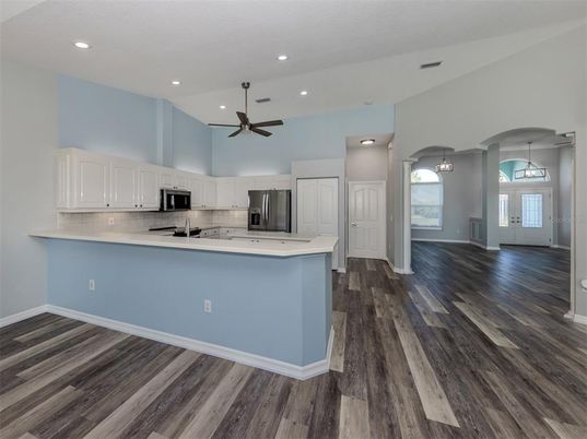 Interior, Kitchen, Pendant Lights, Recessed Lighting, Stainless Steel Appliances, Wood Texture Flooring