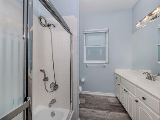 Bathroom, Glass Shower, Interior, Wood Texture Flooring
