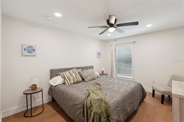 Bedroom, Interior, Recessed Lighting, Wood Texture Flooring