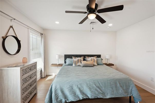 Bedroom, Interior, Recessed Lighting, Wood Texture Flooring