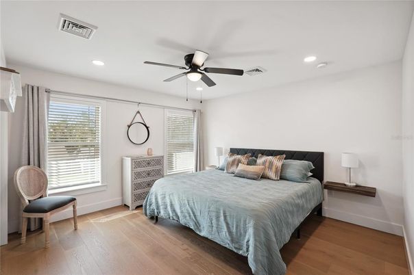 Bedroom, Interior, Recessed Lighting, Wood Texture Flooring
