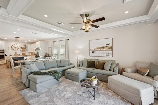 Dining room, Interior, Kitchen, Living room, Pendant Lights, Recessed Lighting, Stainless Steel Appliances, Wood Texture Flooring