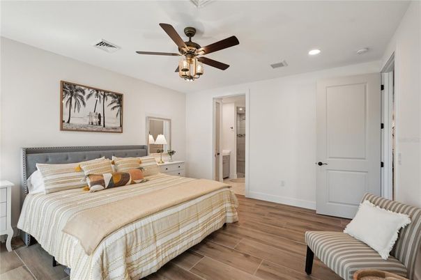 Bedroom, Interior, Recessed Lighting, Wood Texture Flooring