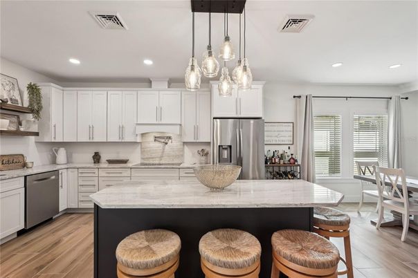 Interior, Kitchen, Pendant Lights, Recessed Lighting, Stainless Steel Appliances, Wood Texture Flooring