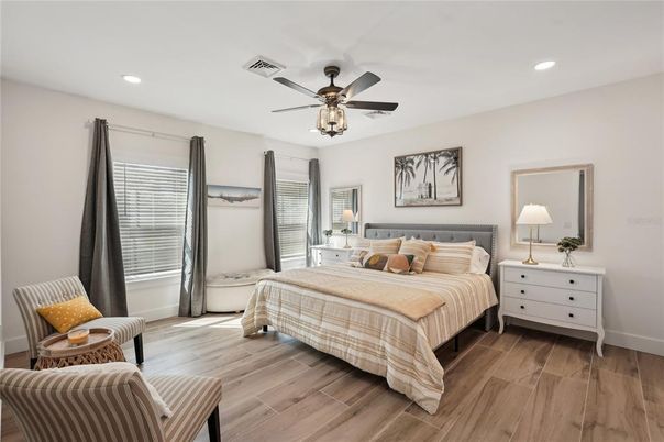 Bedroom, Interior, Recessed Lighting, Wood Texture Flooring