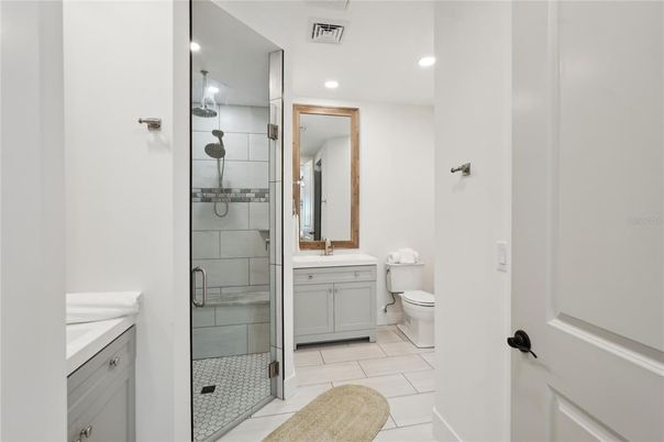 Bathroom, Glass Shower, Interior, Recessed Lighting