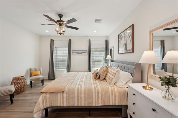 Bedroom, Interior, Recessed Lighting, Wood Texture Flooring