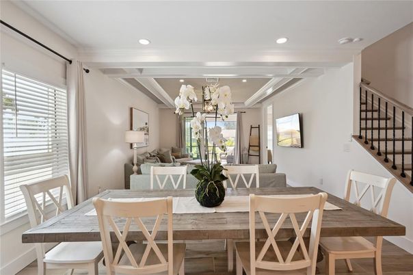 Dining room, Interior, Living room, Recessed Lighting, Wood Texture Flooring