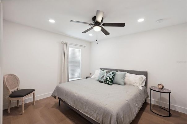 Bedroom, Interior, Recessed Lighting, Wood Texture Flooring