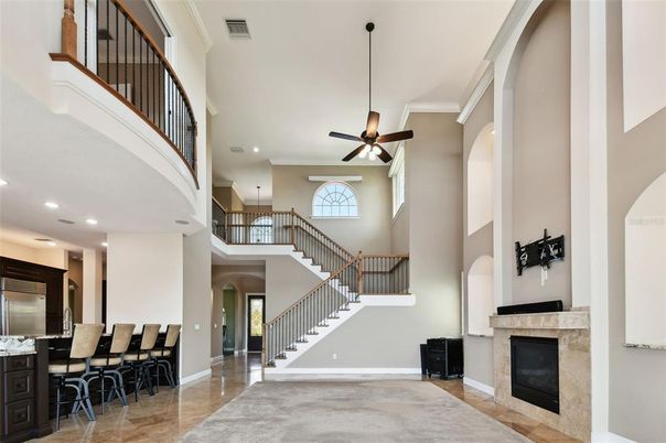 Dining room, Fireplace, Interior, Kitchen, Pendant Lights, Recessed Lighting