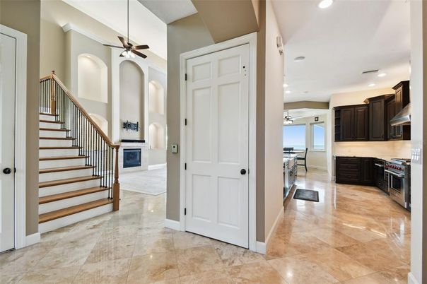 Fireplace, Interior, Kitchen, Pendant Lights, Recessed Lighting, Stainless Steel Appliances