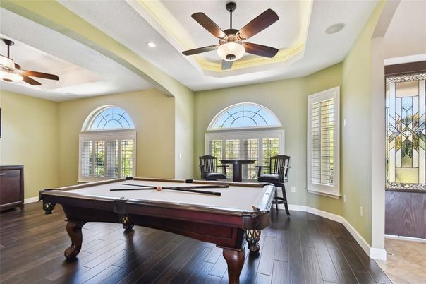 Billiard Table, Game Room, Interior, Recessed Lighting, Wood Texture Flooring