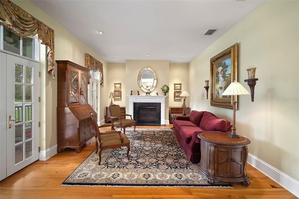 Fireplace, Interior, Living room, Recessed Lighting, Wood Texture Flooring