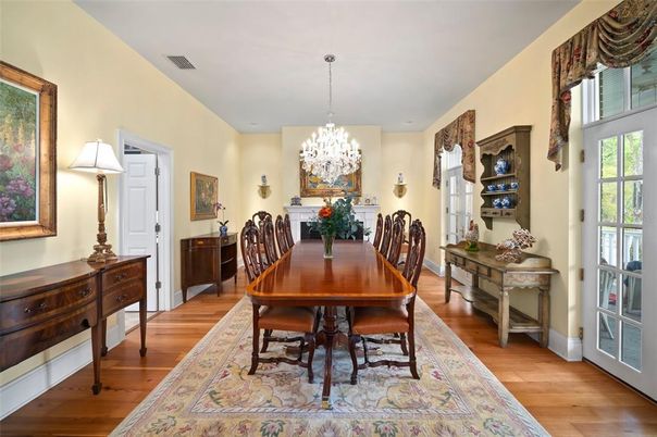 Chandelier, Dining room, Fireplace, Interior, Wood Texture Flooring