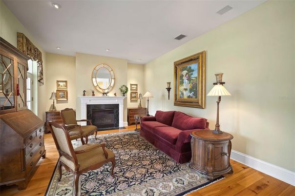 Fireplace, Interior, Living room, Recessed Lighting, Wood Texture Flooring