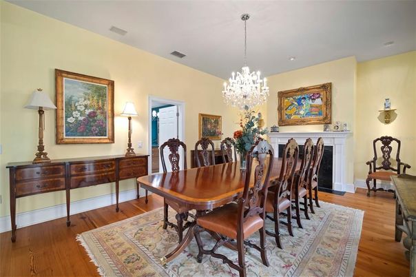 Chandelier, Dining room, Fireplace, Interior, Recessed Lighting, Wood Texture Flooring